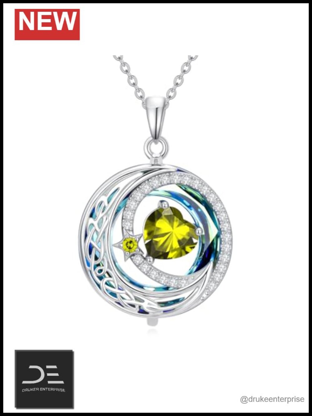 925 Sterling Silver Moon Star Pendant Necklace Celtic Knot Peridot August